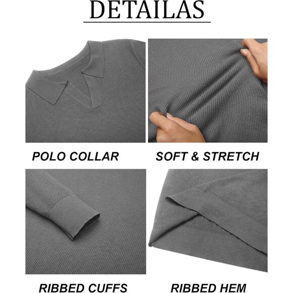Men's Knit Polo Long Sleeve V-Neck Pullover Sweaters Collared Knitted Dark Grey - Picture 6 of 6
